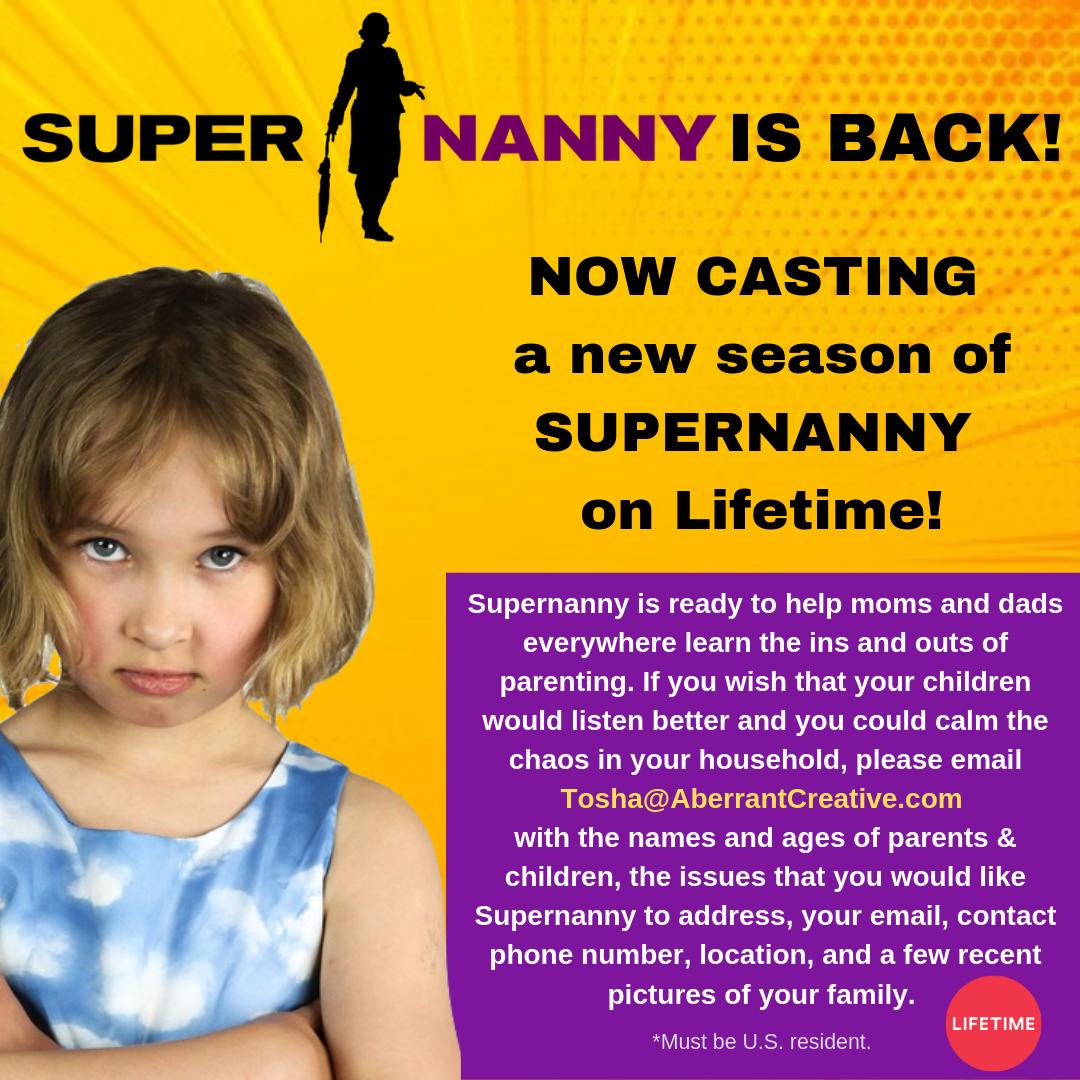 Tosha_Ryan's tweet photo. NOW CASTING: SUPERNANNY on LIFETIME! Details on how to apply below #family #families #kids #chaos #parenting #parentinghelp #familyhelp #casting #tvcasting #nowcasting #supernanny #love #mom #dad #familytime #naughtykids #parents #children #terribletwos #brother #sister #siblings https://t.co/JquZUyUK1h