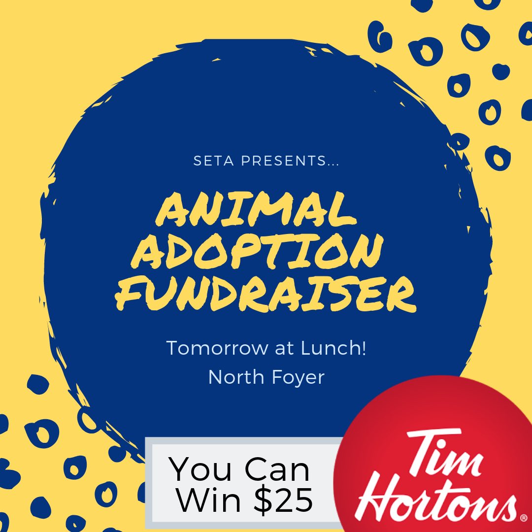 tfssSETA's tweet image. Come out TOMORROW at lunch to the North Foyer for Day One of the #AnimalAdoptionFundraiser! 🐹🐶🐱

Donate to help care for an animal AND enter to WIN a $25 @TimHortons Gift Card! 🍩☕️🍪

$2 for one entry, $5 for three entries!

Students and staff are all welcomed!