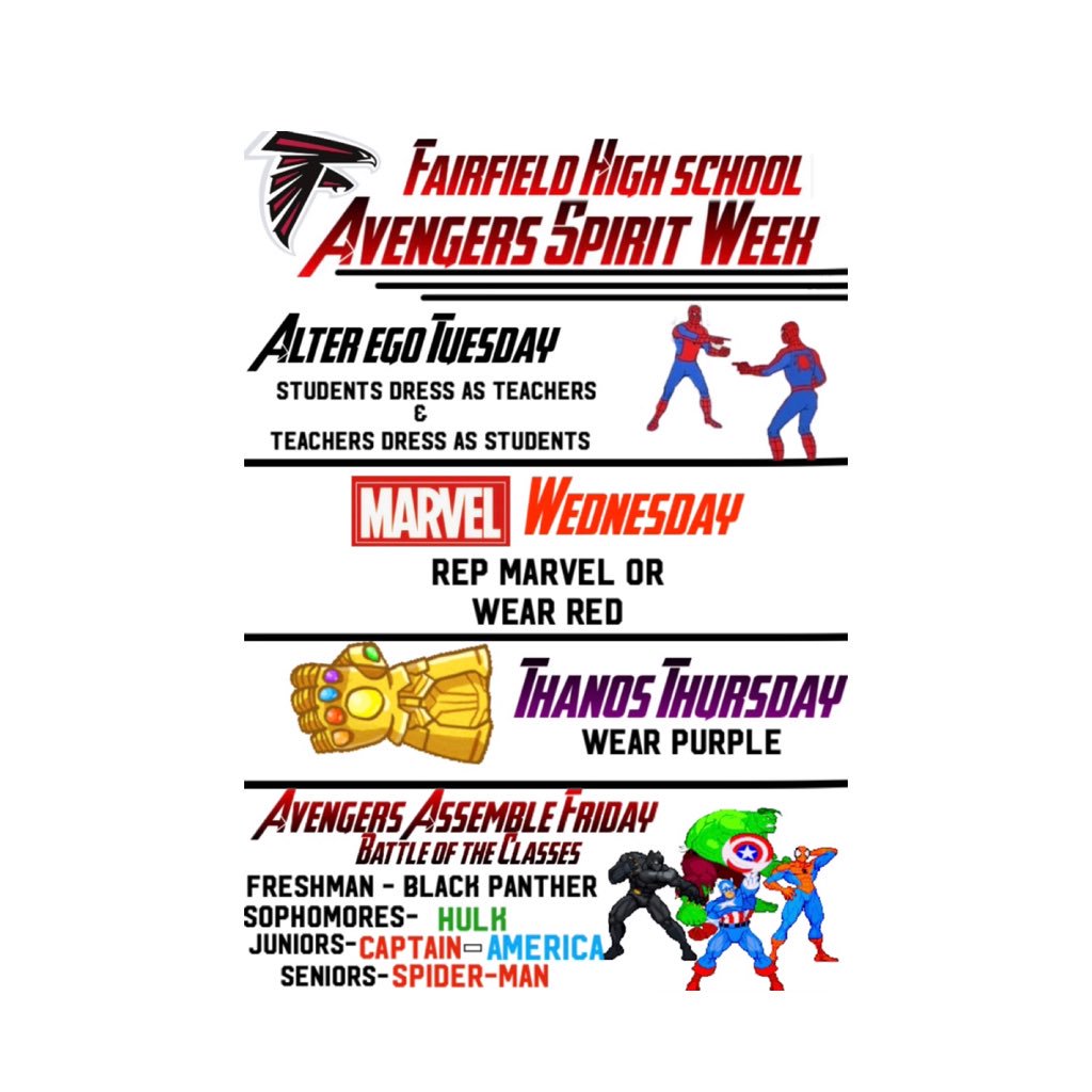 fhs_classof19's tweet photo. ITS ENDGAME WEEK!!! Be sure to show your excitement &amp; spirit by dressing up for these spirit days! #AvengersEndgame https://t.co/sHvhCPouW0