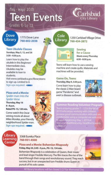 carlsbadlibrary's tweet photo. Calling all @carlsbadlibrary teens: Mark your calendars and come to our Teen events happing in May at all Carlsbad City Library locations! Also, don't forget to check out our Teen Space website https://t.co/UXkRUDxu0S. #carlsbadteens #things2doincbad #carlsbadhigh #scbobcats https://t.co/sJElJNm0oc