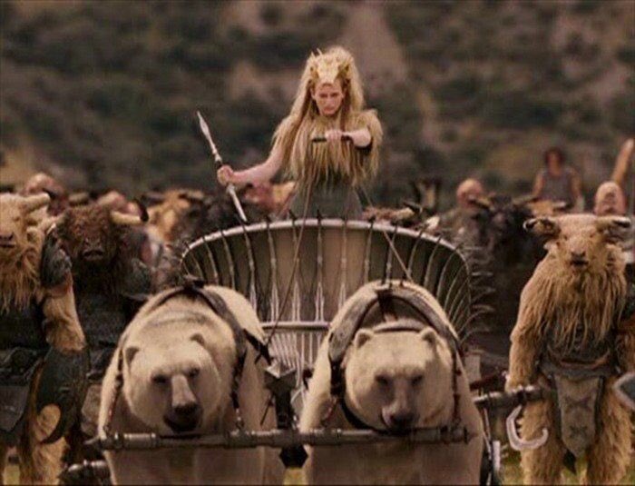 caroline_oreo's tweet photo. Imagine... you just killed Jesus’s fursona on a ceremonial stone altar and now you’re rolling up to the battlefield wearing his mane as a stylish wrap atop your custom Versace gown, beat face contoured, all while riding a chariot pulled by polar bears... yes gawd https://t.co/cEFJ7XJOUL