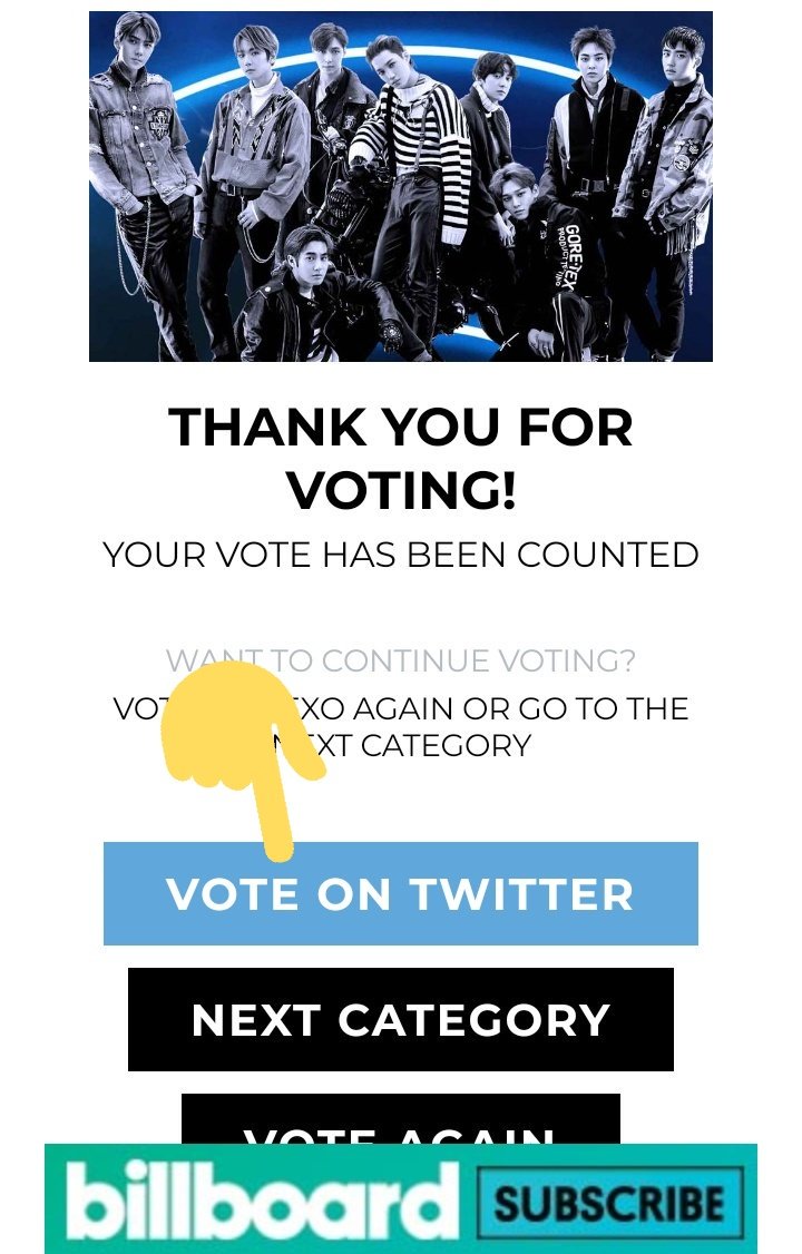 Roo_0605bb's tweet photo. @Baekkie_hyunee @weareoneEXO Un vez que confirmes el voto te va a aparecer la opción.  #BBMAsTopSocial EXO @weareoneEXO https://t.co/rktNHrA8UR
