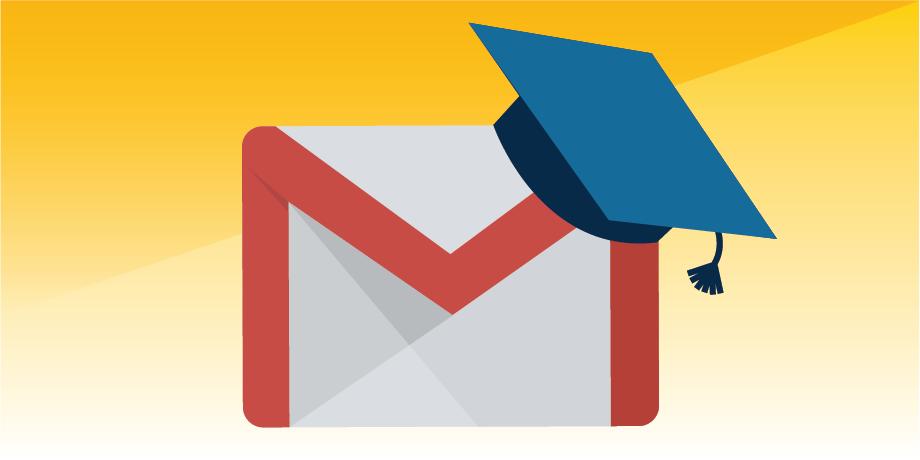 A graduation cap rests off-kilter on the upper right corner of the GMail icon. The background is a vibrant yellow/orange gradient.  