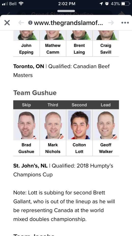 KadrianaLott's tweet photo. Wishing my boy luck this week as he off to Saskatoon for the #HumptysChampionsCup as he will be subbing in and playing with team Gushue!🥌 #cheerhard ♥️♥️ @grandslamcurl @coltonlott21 https://t.co/urIC7WJWwQ