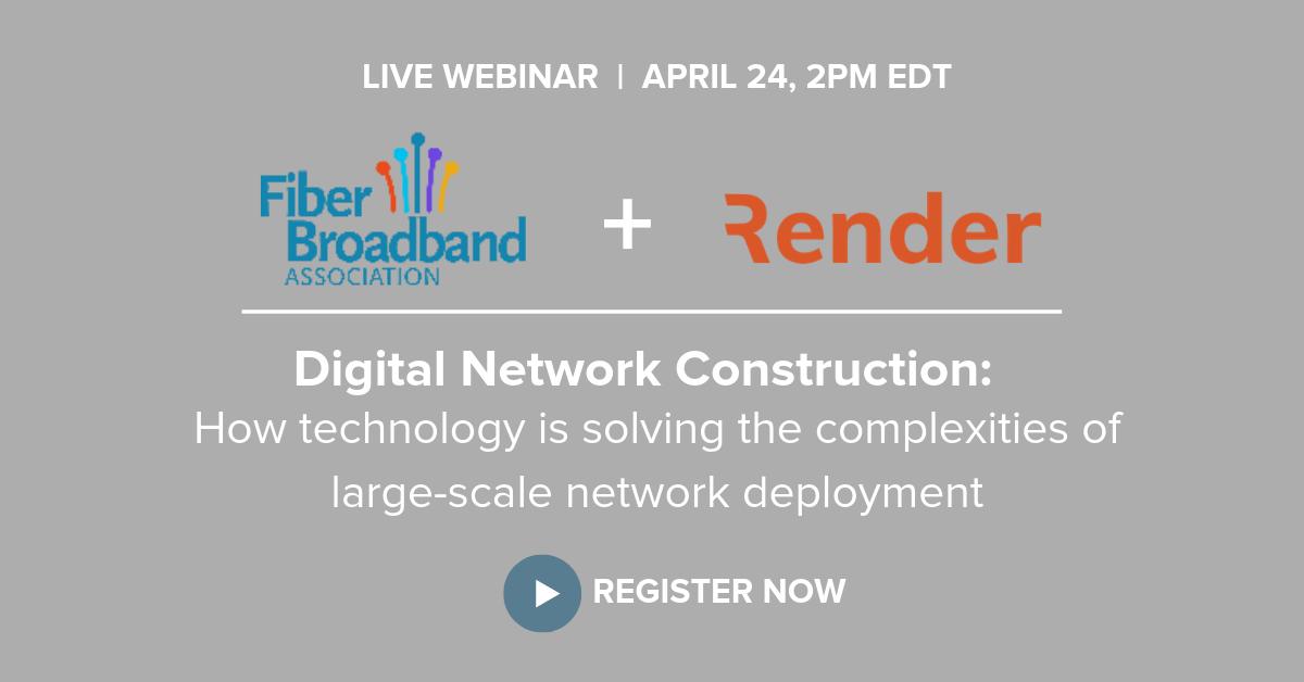 RenderNetworks's tweet image. Have you registered for our webinar w/ @fiberbroadband? @danmakeready & @sampratt__ Pratt share insights on trends impacting today's #networkdeployment and how a #DigitalNetworkConstruction approach delivers significant downstream benefits. Register here: bit.ly/2Otz9Lx