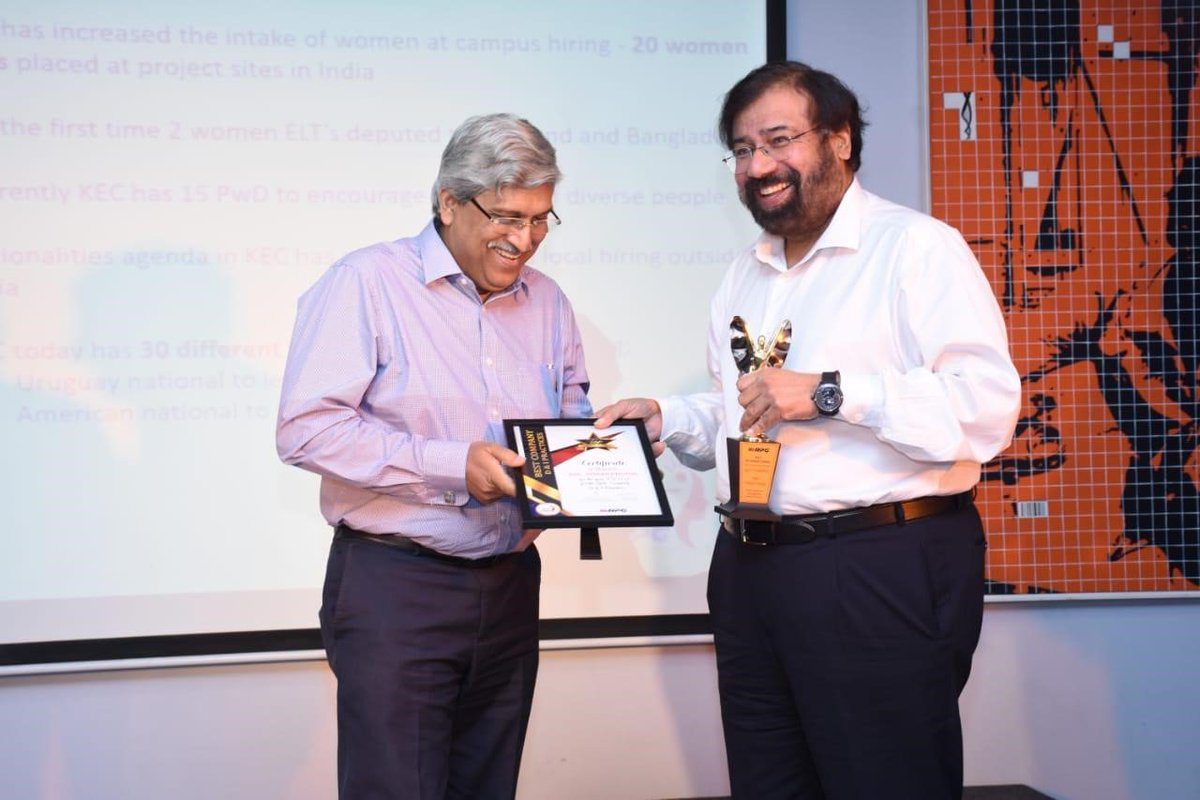 KEC_Intl's tweet photo. KEC wins the Best Company - D&amp;I Practices Award at @RPGEnterprises' Diversity and Inclusion Awards 2019, for its continued efforts to create an environment that celebrates individuality and embraces diversity without bias. @kejriwalv1 @hvgoenka #DiversityandInclusion https://t.co/BLGcOqtNGu