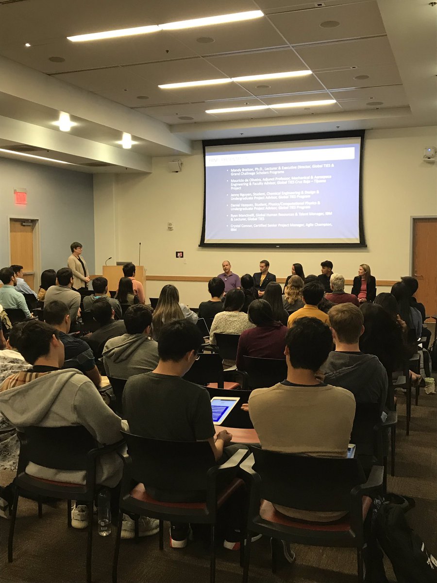 CHarmon823's tweet photo. So many students are interested in designing a better world! UCSD has a comparible program to IBMs Corporate Service Corps Program, called Global Ties. Panel with reps from both #IBMCorporateServiceCorps #GlobalTies @UCSDJacobsCAP @UCSDJacobs #IBMonCampus #IBMatUCSD #TechForGood https://t.co/RXKwodWIqD