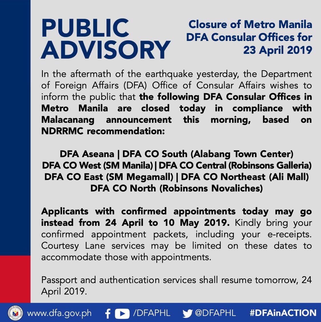 READ DFA advisory on the closure of Metro Manila consular offices; DFA