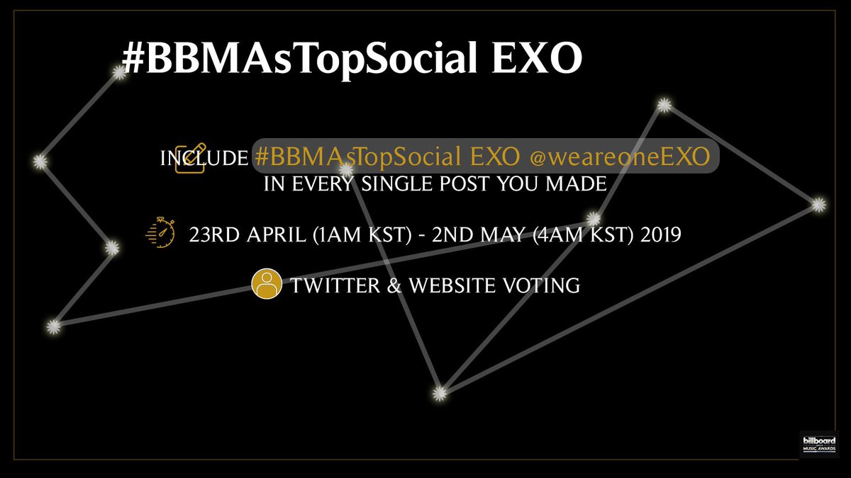 EXOVotingSquad's tweet photo. [THREAD] Billboard Music Awards - Top Social Artist 2019

🖊How to vote? 
•Include #BBMAsTopSocial EXO @weareoneEXO in every single tweet/QT you posted

📆Voting Period: 23rd April - 2nd May 2019 (4AM KST)

📲Platform: Twitter &amp; Website https://t.co/xhL6znxDv8