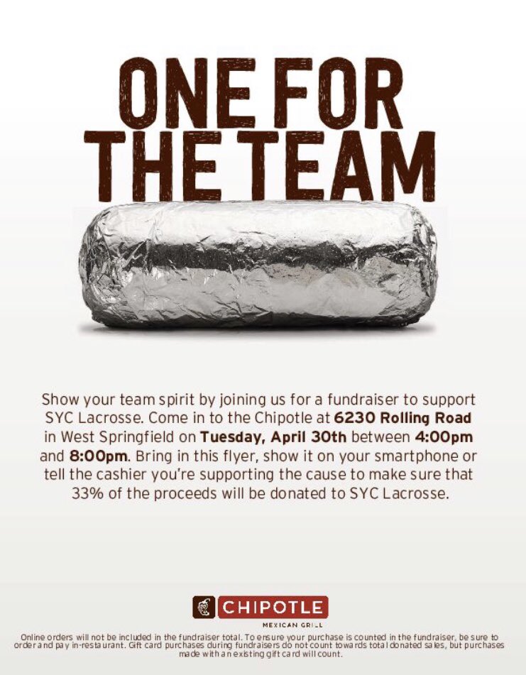 Next Tuesday, April 30th is the SYC Lax fundraiser at Chipotle.