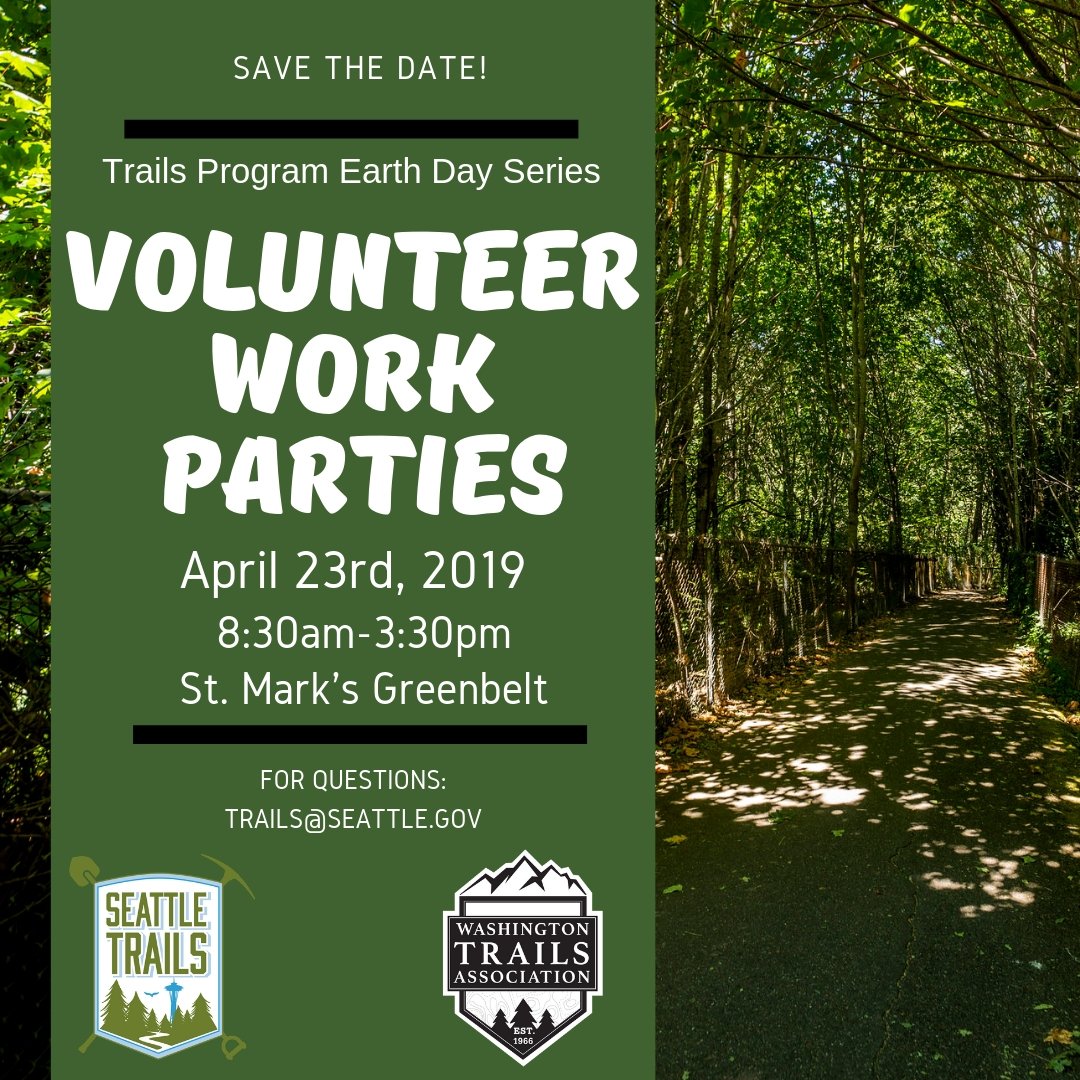 SeattleTrails's tweet photo. TOMORROW 4/23! We are still partying for #EarthWeek, #GetInvolved! Washington Trails Association 🌎🎉
#seatrails #seattleparks #seaparks #urbanhikes #hiking #urbantrails #seattletrails #volunteer #spring #workparty #earthday #earthweek #earthday19 #everydayisearthday https://t.co/9RlxRCdKbx