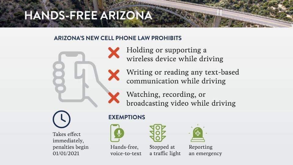 RepAndresCano's tweet photo. FYI— what Arizona’s new texting while driving ban entails. https://t.co/uuFmB8YxaO