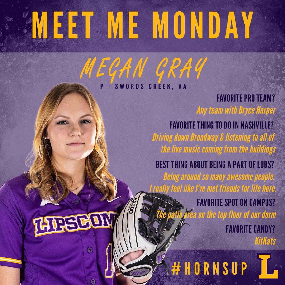 It’s getting late, but it’s still #MeetMeMonday! Today it’s time to meet JR RHP @megan_bryce1! She may be nonchalant & mellow, but she’s the team’s best hacky sacker! PS- she also threw her 1st career no-hitter earlier this yr! Come catch her & #LUBS tmrw vs APSU @ 5pm! #PUNCH 🤘🏼