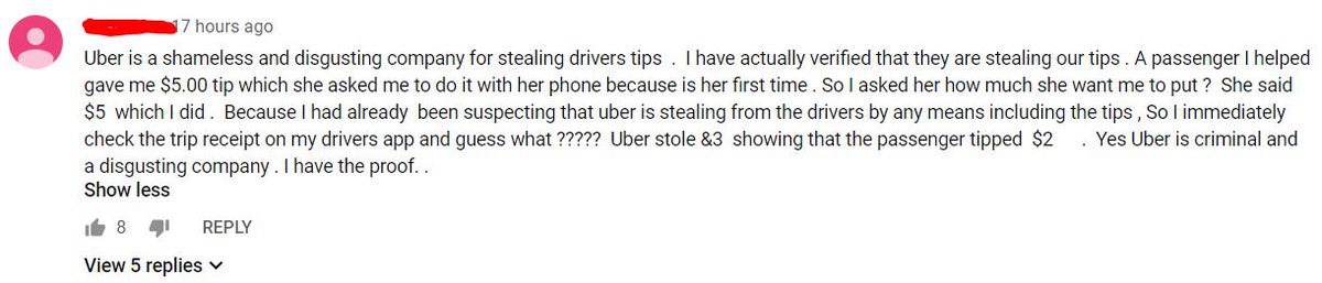 TheCarrotChaser's tweet photo. Surprise surprise!!! Looks like @Uber &amp; @dkhos are now stealing driver's tips!!!! See this comment from a Youtube video. Explain this Uber!!! @KevinTRod @uberlyftdrivers @InsidiousUber @UBERTRUTH2 #uberipo #paydriversfare #ubersteals https://t.co/GoBwHQxjJV
