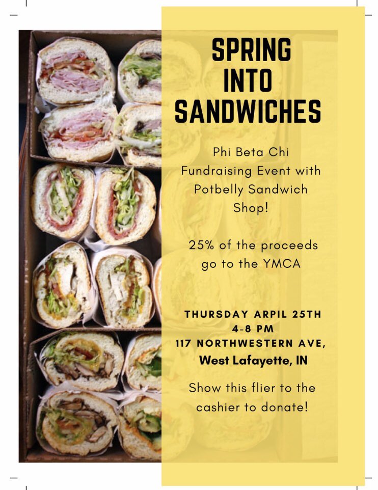 Hey everyone! Phi Beta Chi is doing a Skip-A-Meal with Potbelly from 4-8 on Thursday April 25th! 25% of the proceeds will go to the YMCA. All you have to do is show this flyer to the cashier at the end! We’ll see ya there!
