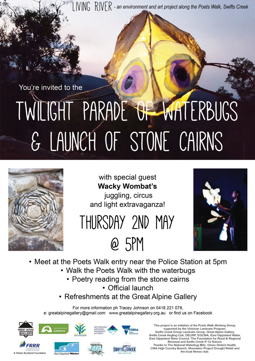 GreatAlpGallery's tweet photo. Our Living River launch is on 2 May at twilight, &amp; features waterbugs, juggling &amp; lights. The culmination of a month of workshops making water bugs, along the refurbished Poets Walk. All welcome! @SwiftsCreekP12 @abcgippsland @RegionalArtsVic @egsc @LoveEastGippy @GippsNews https://t.co/1AGETEfhKV