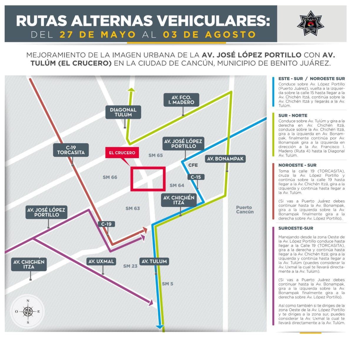 SIPSENOTICIAS's tweet photo. La #PolicíaQuintanaRoo informa

#SNCUN Con motivo del mejoramiento de la imagen urbana de la #AvJoséLópezPortillo con #AvTulum, la vialidad de "El Crucero" se encontrará interrumpida del 27 de Mayo al 03 de Agosto.

Toma tus precauciones. https://t.co/78wkYprRzk