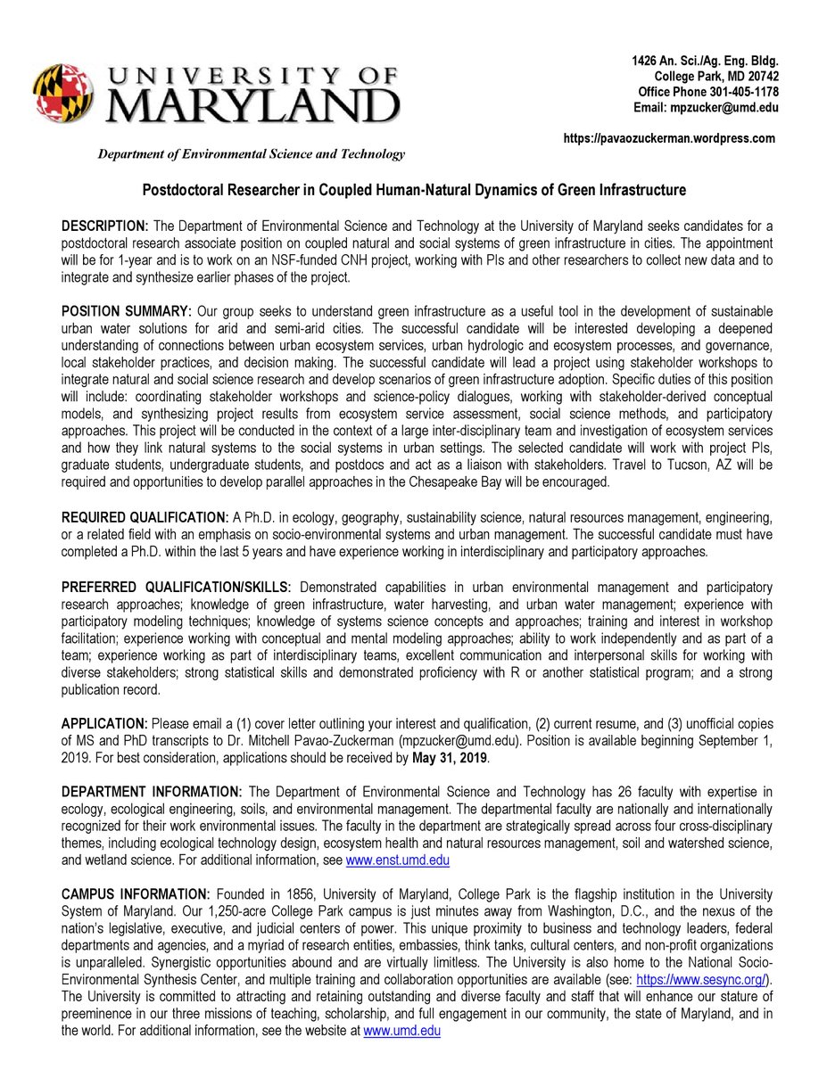 Hey everyone! I’m looking for a #postdoc in Coupled Human-Natural Dynamics of #GreenInfrastructure - working here @UofMaryland and w NSF CNH team  - using #ParticipatoryMethods, #FuzzyCognitiveMapping, #Scenarios, #EcosystemServices Assessment. See attachment or contact me!