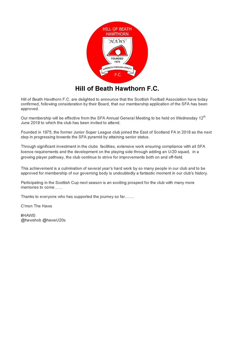 We've held back the official announcement as we wanted to contact our Chairman first, but we're now delighted to confirm our SFA Membership was approved today, licence to follow... Scottish Cup here we come. Official statement below. #HAWS <a href="/hawshob/">Hill of Beath Hawthorn FC</a> <a href="/HawsU20s/">Hill of Beath U20’s</a> #TheFuturesRed