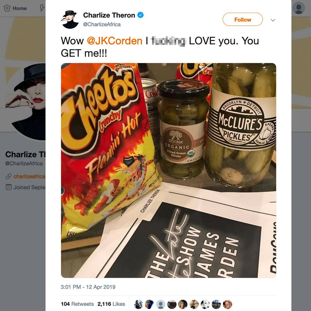 mcclurespickles's tweet image. Yes, this really DID happen. When @JKCorden of the @latelateshow and @CharlizeAfrica have a snacking love affair with your #pickles. 🥒🌶

A little #starstruck, and a whole lot honored. 👊💯🔥