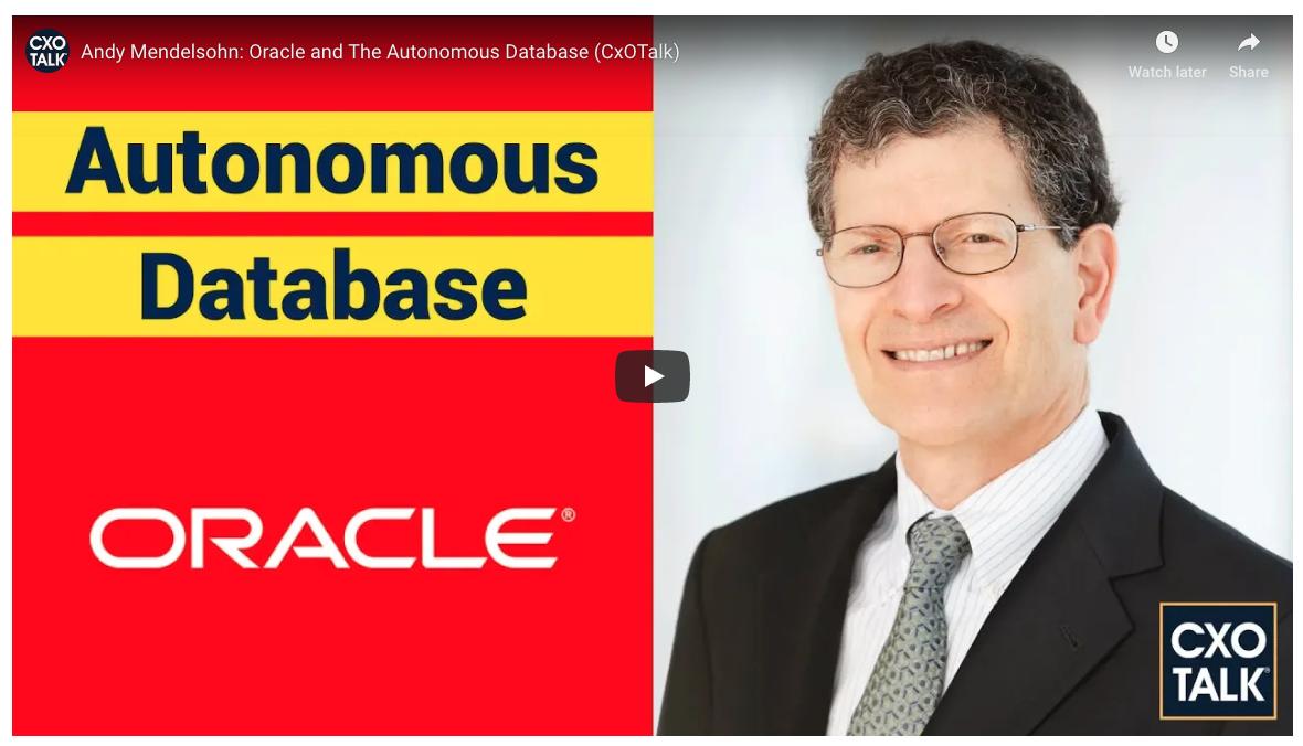 OracleDatabase's tweet image. "If you're a CIO, you care about making sure the business is running well, at low risk and low cost. This autonomous database does this for them," Andy Mendelsohn on Oracle Autonomous Database. Watch the interview now. #thinkautonomous #autonomousdb ora.cl/Dd1P3