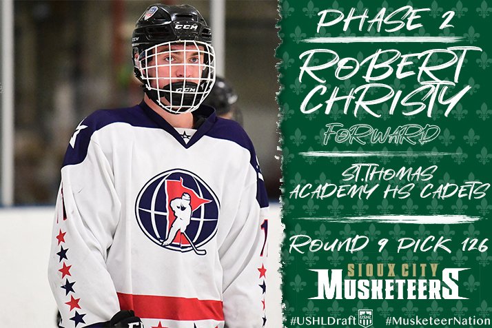 Sioux City Musketeers (@musketeerhockey) on Twitter photo With our first 9th round selection, the Musketeers reunite the Christy brothers! Welcome to Siouxland Robert Christy!
(<a href="/rjchristy15/">Robert Christy</a>)
#MusketeerNation #MusketeerHockey With our first 9th round selection, the Musketeers reunite the Christy brothers! Welcome to Siouxland Robert Christy!
(<a href="/rjchristy15/">Robert Christy</a>)
#MusketeerNation #MusketeerHockey
