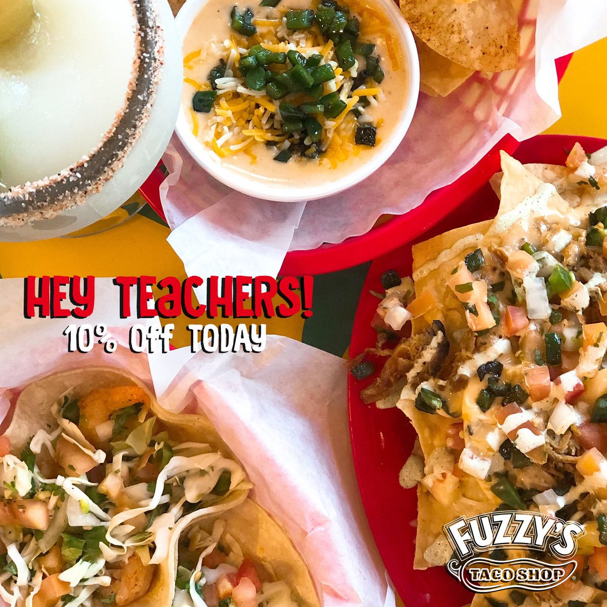 fuzzstilly's tweet photo. TEACHERS WE ❤️ YOU! Come in at any time today, to any OK Fuzzy’s location, show your school ID and receive 10% off your meal! #nationalteachersday #teacherappreciationweek 🍎 https://t.co/EDRk5CqAkZ