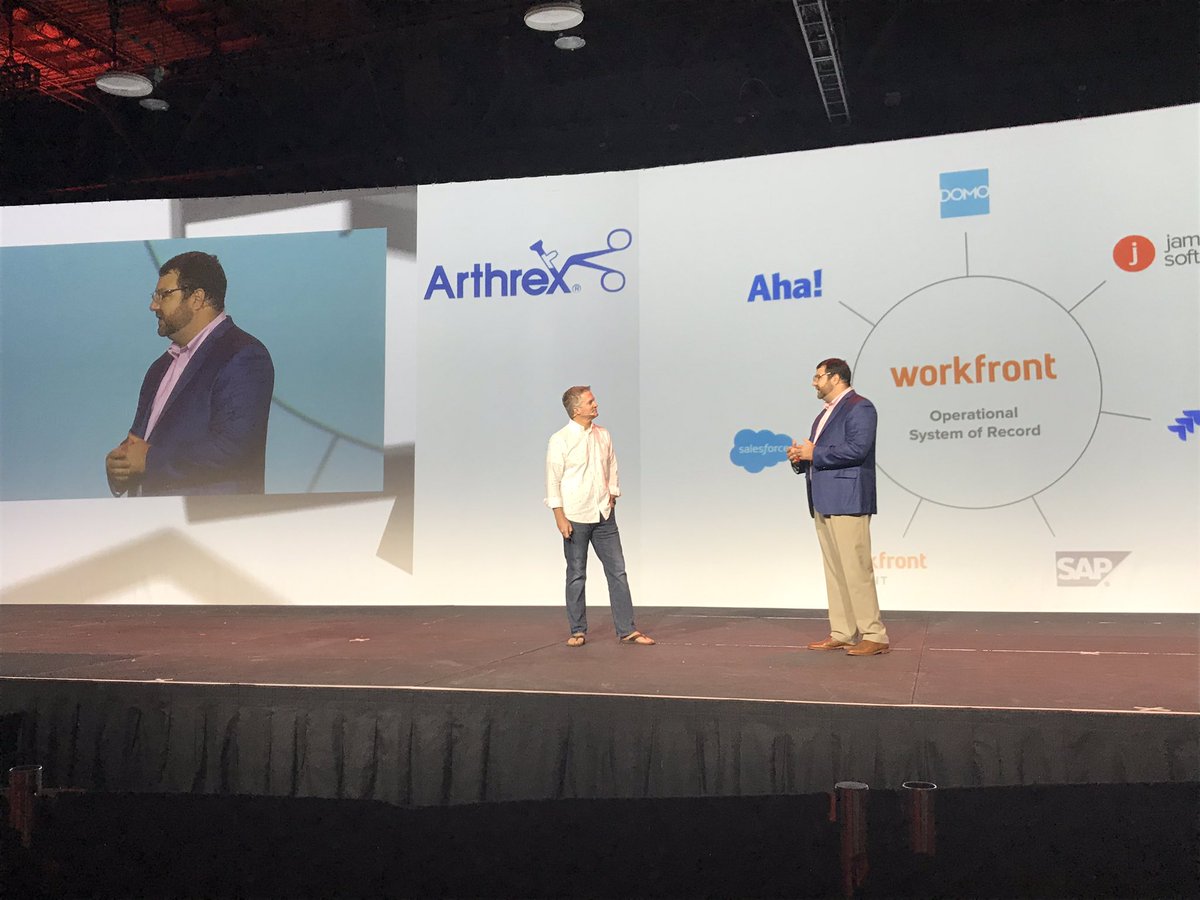 stephhartsog's tweet photo. Dale Whitchurch of Arthrex and @StevenZoBell almost ready for today’s keynote: a conversation with @workfront #2019Leap attendees about an operational system of record. https://t.co/1FuueR8VWz