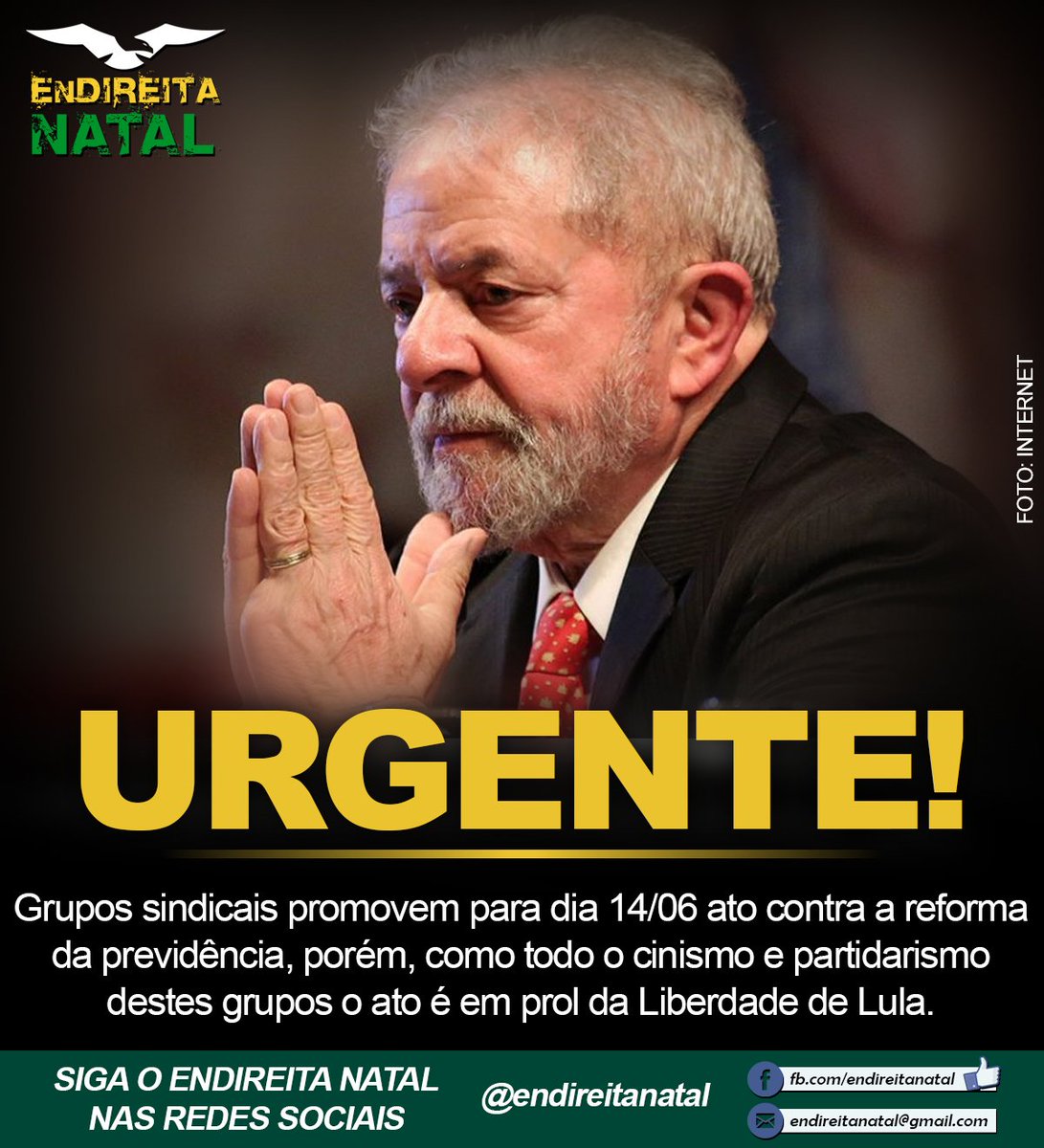 endireitanatal's tweet photo. @SenadoFederal Grupos sindicais promovem para dia 14/06 ato contra a reforma
da previdência, porém, como todo o cinismo e partidarismo
destes grupos o ato é em prol da Liberdade de Lula.
https://t.co/7UaSzl1DrQ …
#euapoioanovaprevidencia #previdencia #jornaldamanha #JPMorningShow https://t.co/rnD1zMGuXH