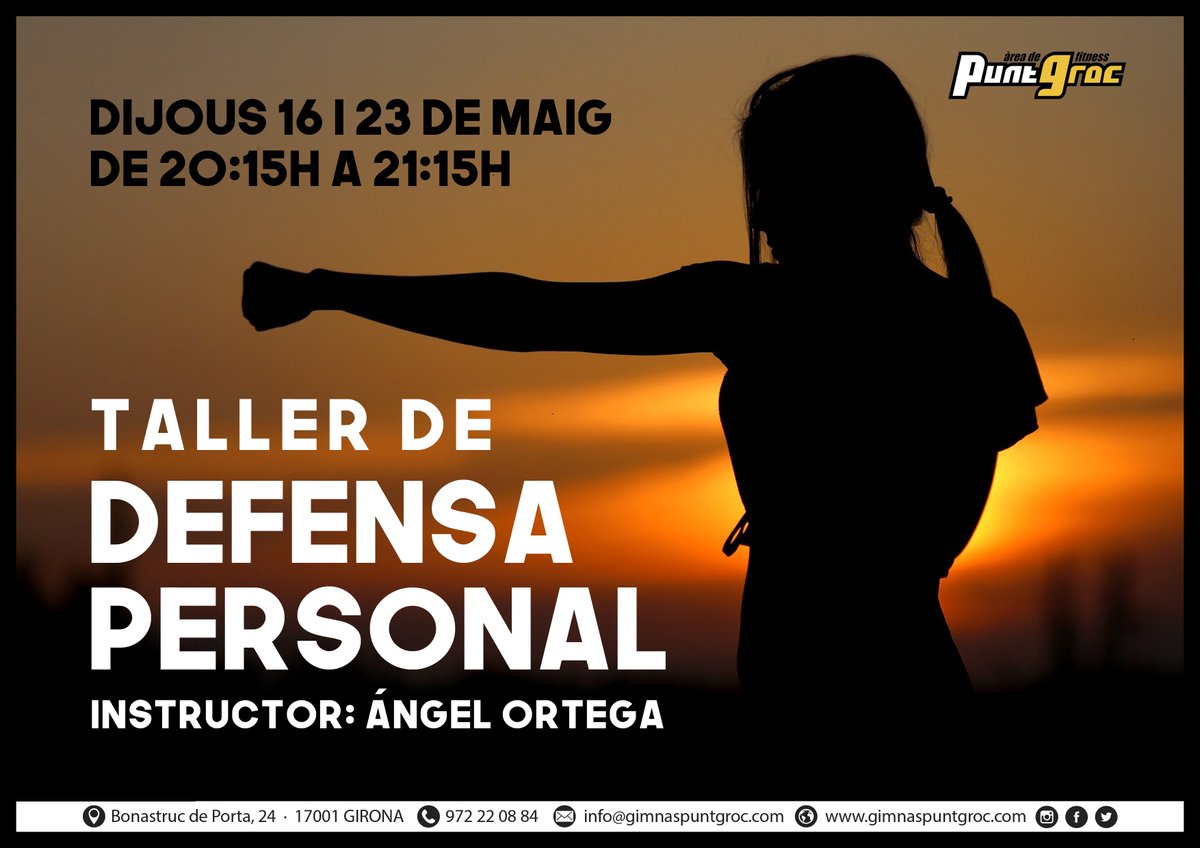 puntgroc's tweet photo. Taller de defensa personal els djous 16 i 23 de maig de 20:15h a 21:15h, a càrrec de l'Ángel Ortega.

#defensapersonal #puntgrocgirona #areadefitnesspuntgroc #puntgroc #fitness #girona https://t.co/slke3i8rm9