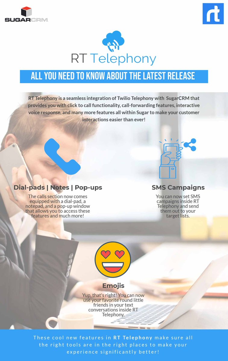 RolustechCRM's tweet image. RT Telephony brings you features to make communication with your customers easier than ever so you can run your business more efficiently and effectively. Learn more here!
#CRM #SugarCRM #SugarCRMPlugin #Telephony #CTI
buff.ly/2VriV8C