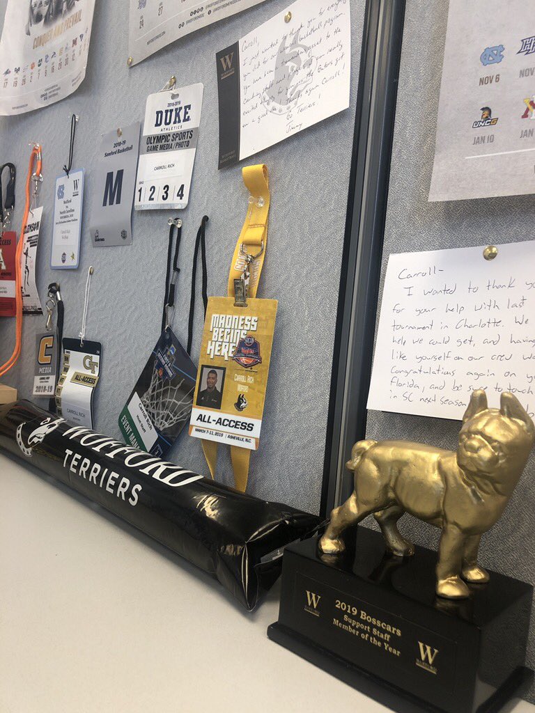carroll_rich's tweet photo. Found a fitting spot on my desk for my #Bosscar award from last night... Right next to all my credentials to cherish the experiences, memories, and relationships I’ve made here at Wofford this year🤞🏾 https://t.co/CufdV6PKbn