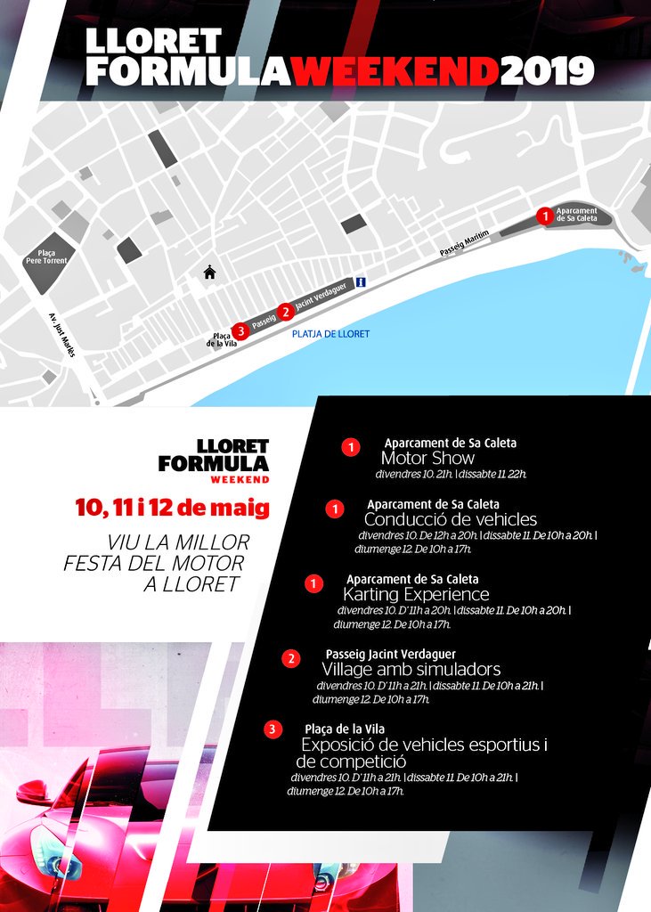 Promocio_Lloret's tweet photo. 🔜 #LloretFormulaWeekend 2019🚦10, 11 i 12 de maig.
1️⃣MotorShow: espectacle de conducció amb pilots professionals 🏎️🏍️.
2️⃣Village: estands comercials i zona de simuladors🕹️.
3️⃣Conducció de vehicles esportius.
4️⃣Circuit de karting per totes les edats 🏁.
5️⃣Exposicions.
#mylloret https://t.co/ktQCLA5Xjg