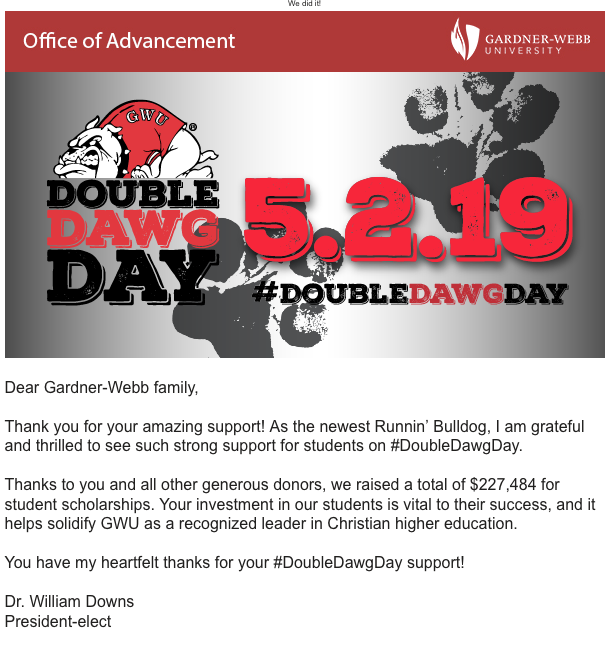 billdowns2013's tweet photo. A one-day total of $227,484 to benefit student success @gardnerwebb!  Thank you to all the many alumni, faculty, students, and friends who helped make  May 2 a big day for GWU! https://t.co/wuSa3yJ9Wc