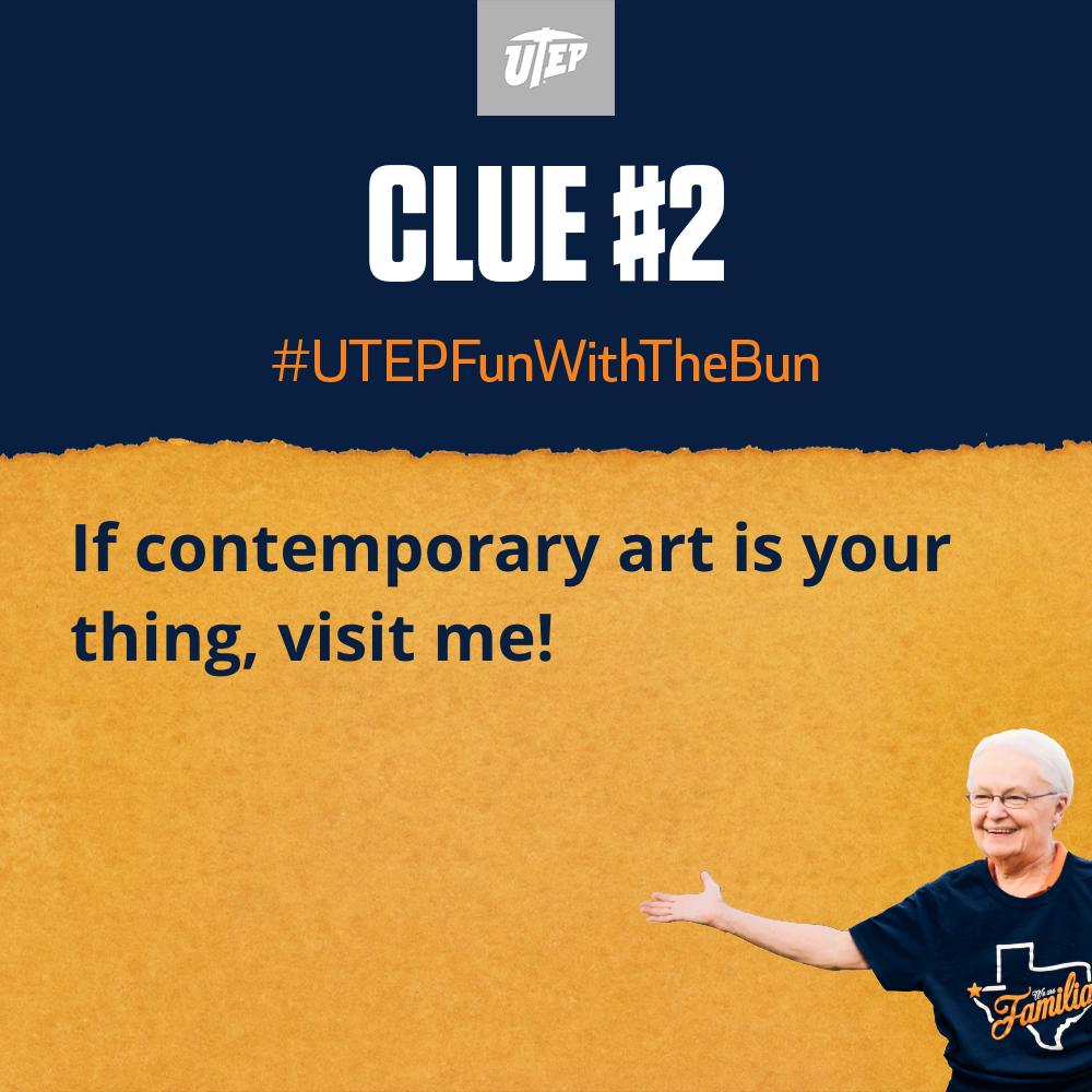 utepnews's tweet photo. It's Day Seven of the #UTEPFunWithTheBun contest! Use the following clues to find cutouts of President Natalicio, which will be around campus until 3:30 p.m. each day. Take a selfie with the cutout using #UTEPFunWithTheBun, and you can win a T-shirt from her personal collection! https://t.co/6wBvWcak4y