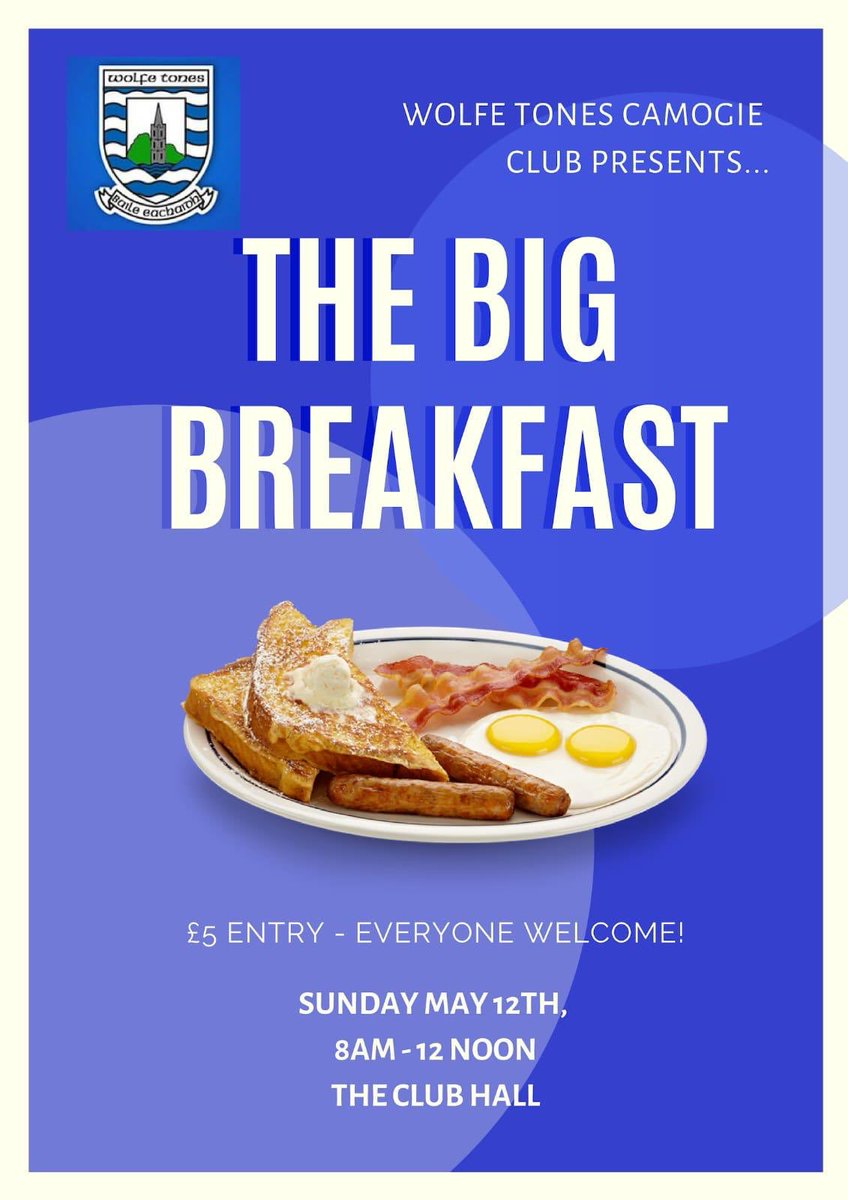 The BIG Breakfast 🍳

Presented by The Camogie Club

This Sunday, 12th May

8am-12pm mid-day

All welcome!!