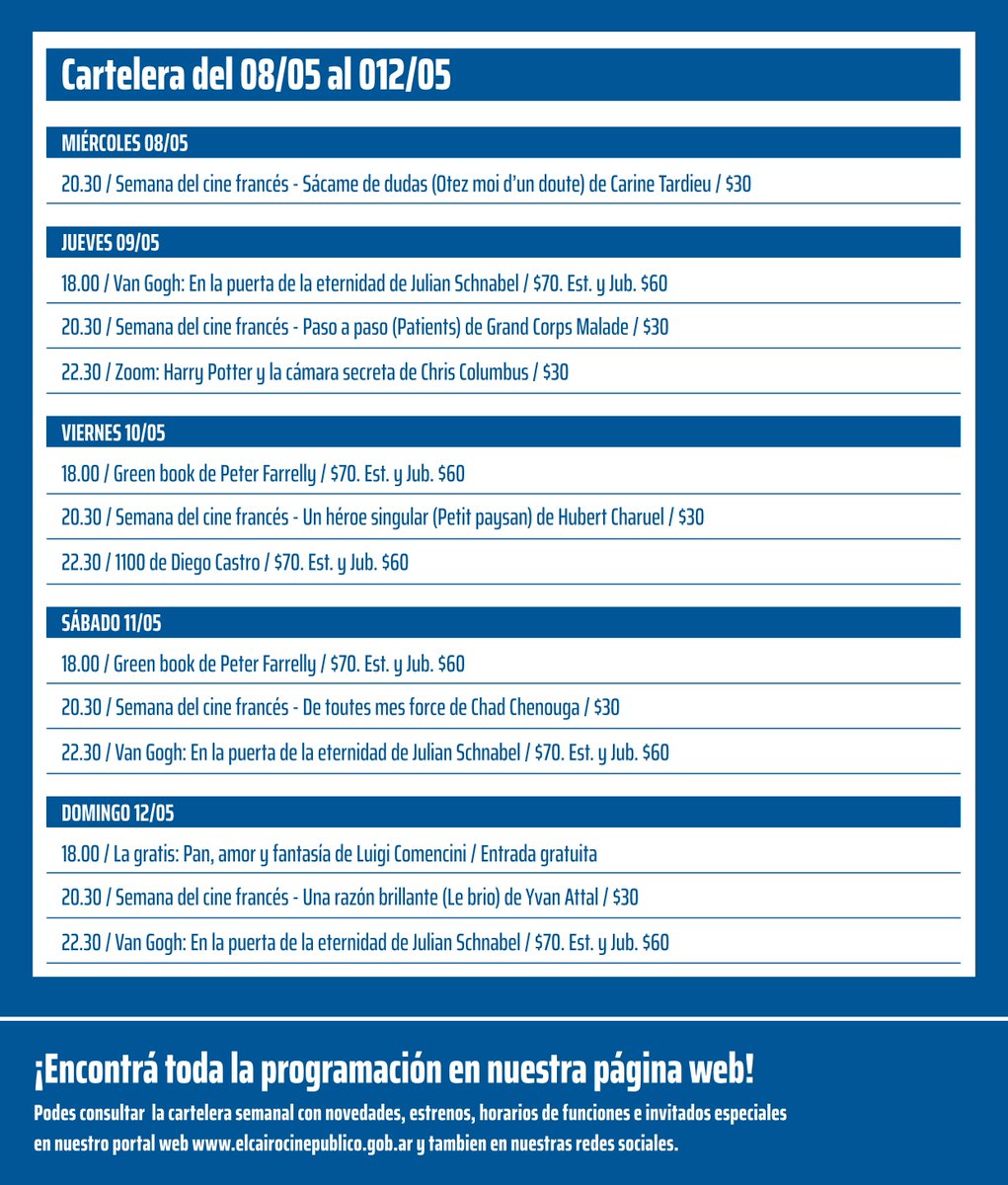 Esta semana en <a href="/CineElCairo/">Cine El Cairo</a> 
🎬 Más funciones de <a href="/greenbookmovie/">Green Book</a>  y de 1100 
🎬 Llega la Semana Itinerante del Cine Francés con pelis inéditas 
🎬 Estreno de VAN GOGH: EN LA PUERTA DE LA ETERNIDAD 
🎬El #Zoom es HARRY POTTER Y LA CÁMARA SECRETA y #LaGratis PAN, AMOR Y FANTASÍA