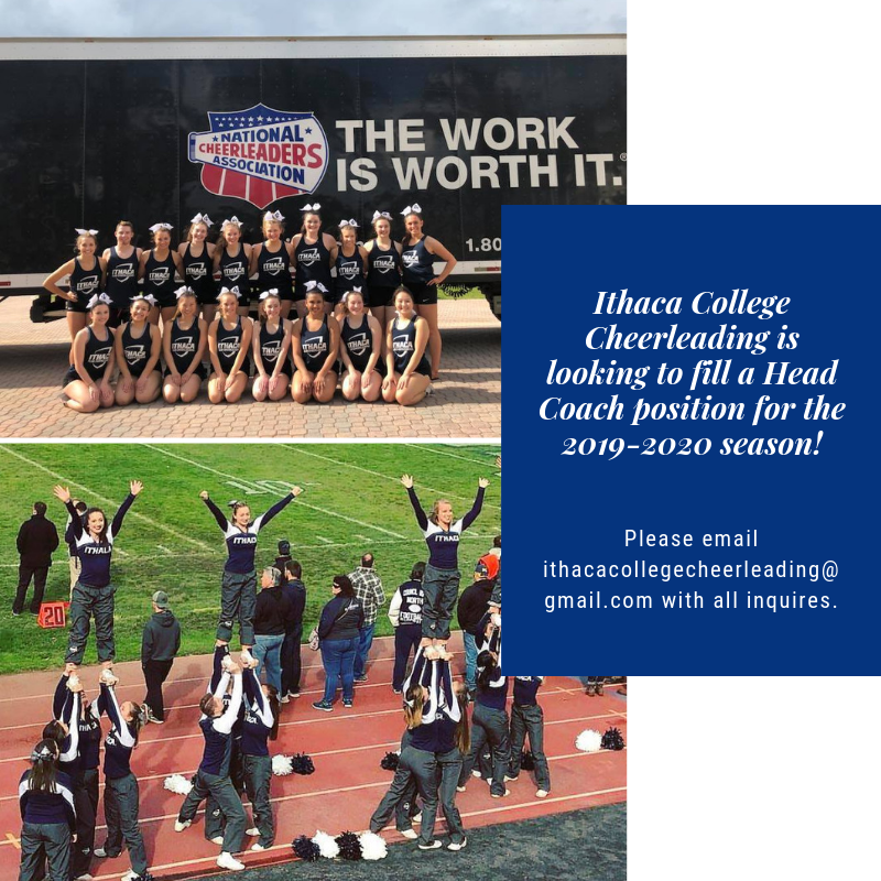 ICCheerleading's tweet photo. @ICCheerleading is searching to fill a Head Coach position for the 2019-2020 season! Email ithacacollegecheerleading@gmail.com with a resume and letter of interest. More details will follow initial contact! #ItsAGreatDayToBeABomber #Twithaca https://t.co/DNKWSGsneR