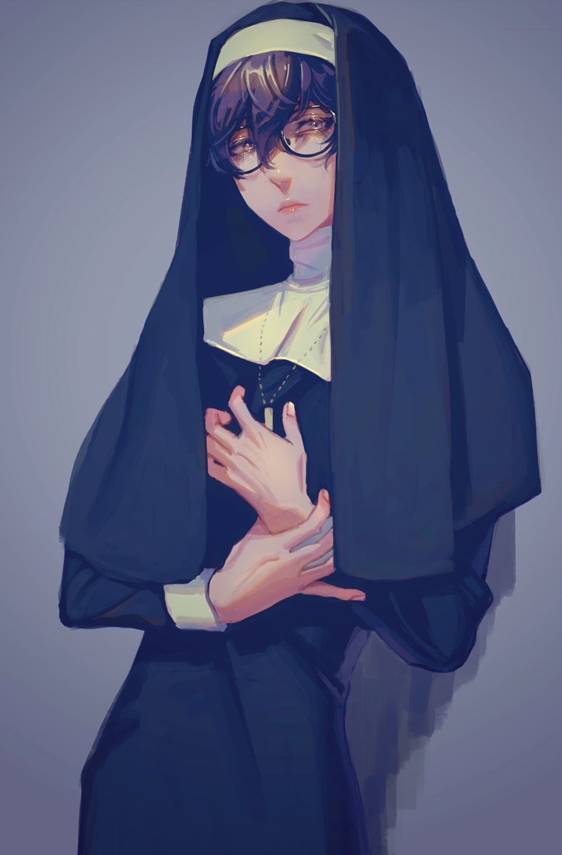 nun male focus 1boy jewelry solo necklace glasses  illustration images