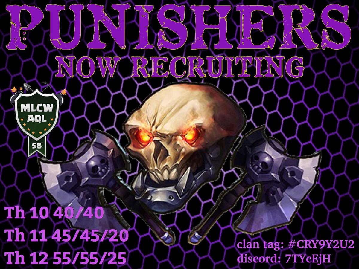 Punishers is looking for TH10/11/12 to join the <a href="/BFD_FamilyCoC/">BFD Family</a> - Compete in MLCW with us, ride in CWL with <a href="/TheOSF1/">The O.S.F</a>, or check out one of our casual clans. We have something to you. Find us on Discord: discord.gg/7TYcEjH