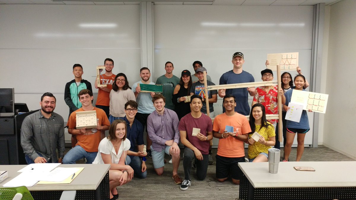 TriciaMClayton's tweet image. Day 1 of groups presenting their models in the @ut_caee CE 335 Steel Design course. Some very creative students getting some experience in the @CockrellSchool #TexasInventionworks #MakerStudio. Looking forward to Day 2 of presentations!