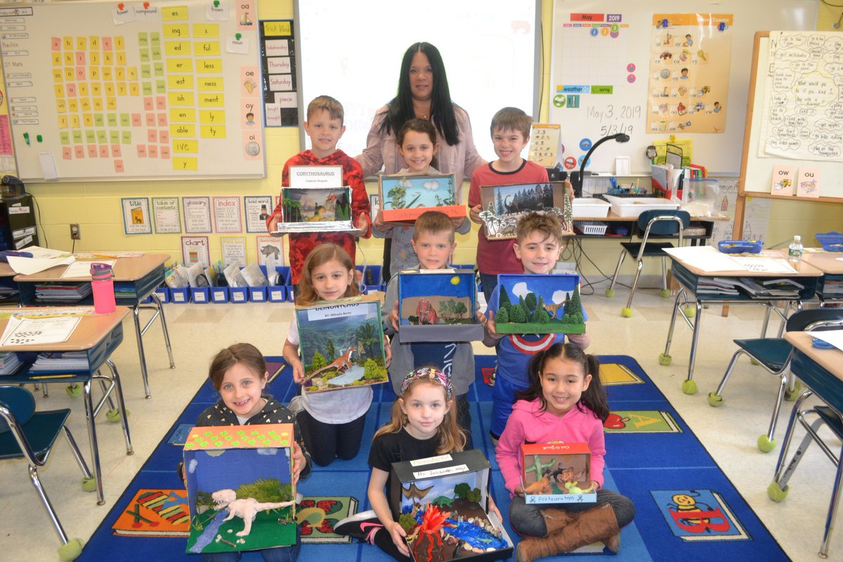 SCSD_MTP's tweet photo. Mrs. Smerechniak's second graders researched a dinosaur and had a blast creating these awesome dioramas!!  They are learning so many interesting facts for our Dinosaur Show!! @SCSD_MTP @SmithtownCSD https://t.co/3oEWnSL2Ja