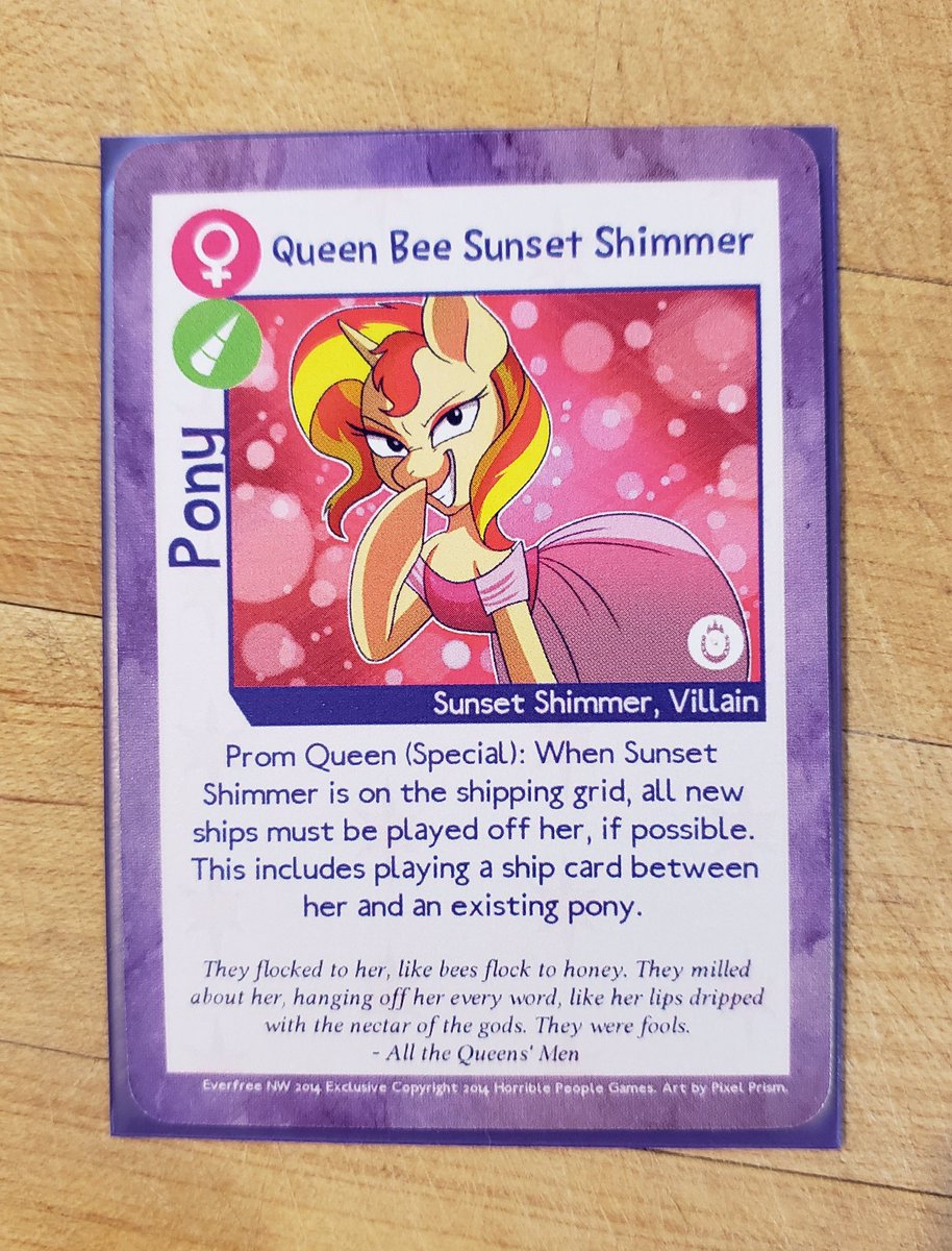 N_A_Larson's tweet photo. Would anyone going to @EverfreeNW happen to have an original Queen Bee Sunset Shimmer (note the expansion symbol) they’d be willing to trade/sell? It’s the last @secretshipfic promo missing from my collection. Thanks. #TSSSF #brony https://t.co/Olypixd9Fo