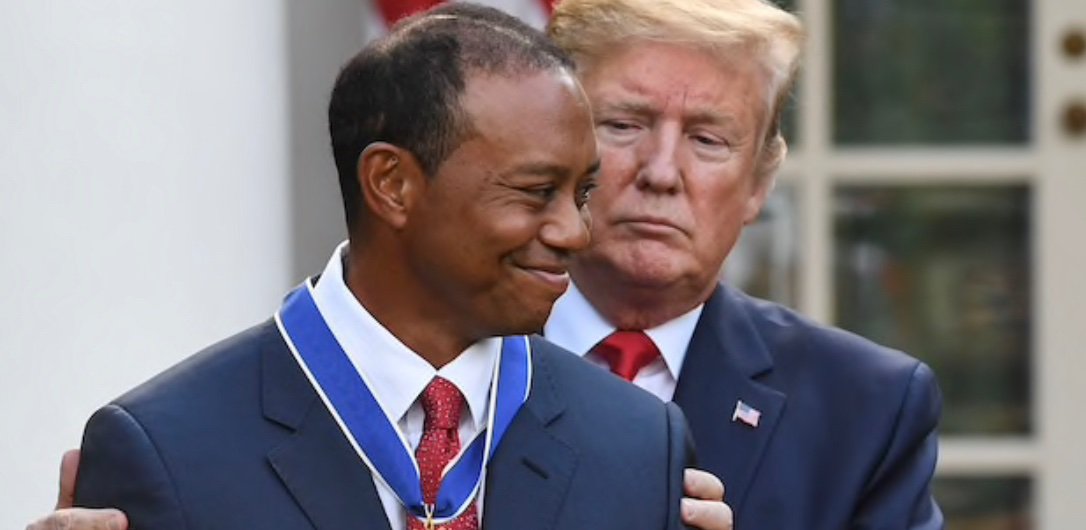 NewEnglandTurf's tweet photo. Yesterday, Tiger Woods was awarded the Presidential Medal of Freedom, one of the country’s highest civilian honors. 
#NewEnglandTurfStore #Turf #Golf #PGA #MedalofFreedom #Honor #Trump #Rosegarden #Tiger #Woods #JFK #History https://t.co/6yPytNxUJl