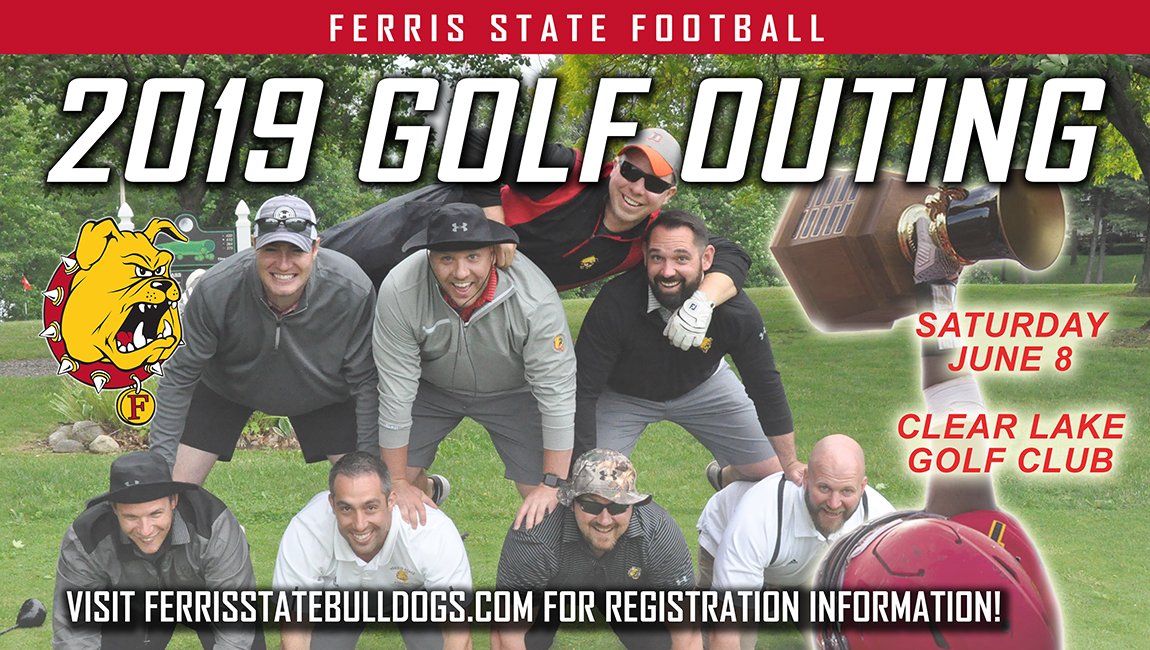 FerrisFootball's tweet photo. 2019 Ferris State Football Golf Outing Set For June 8 at Clear Lake Golf Club! Sign Up Now! https://t.co/B0WkjNBNTC https://t.co/9gg5xQE36L