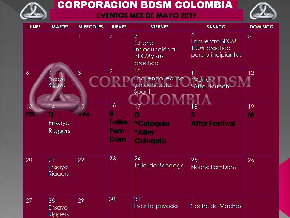 corporacionbdsm's tweet photo. CRONOGRAMA MES DE MAYO #FESTIVAL #FEMDOM #NOCHEDEMACHOS #SPNAK #BONDAGE #PLAYPARTY #CULOQUIO #TALLERES #APRENDOBDSM #CORPORACIONBDSMCOLOMBIA https://t.co/ydDSWFo12L https://t.co/P4zeQEbIpx