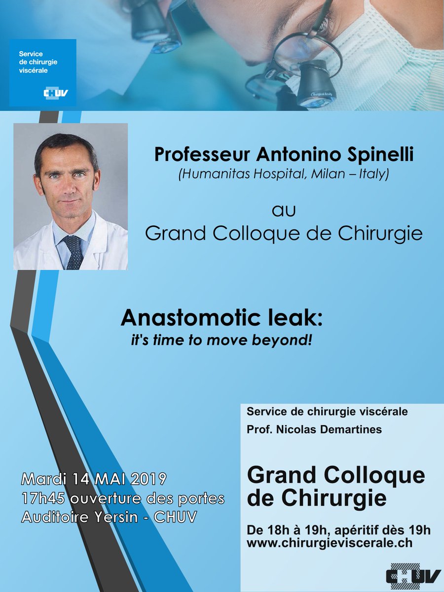 VisceralChuv's tweet photo. Next week, @VisceralChuv Grand Round is on 14th May!
We will host Prof. Antonino Spinelli @AntoninoSpin - "Anastomotic leak: it's time to move beyond!"
#GrandColloqueCHV @ProfDemartines @CHUVLausanne #surgicalresearch #colorectalsurgery https://t.co/0wYEkk9Bhm