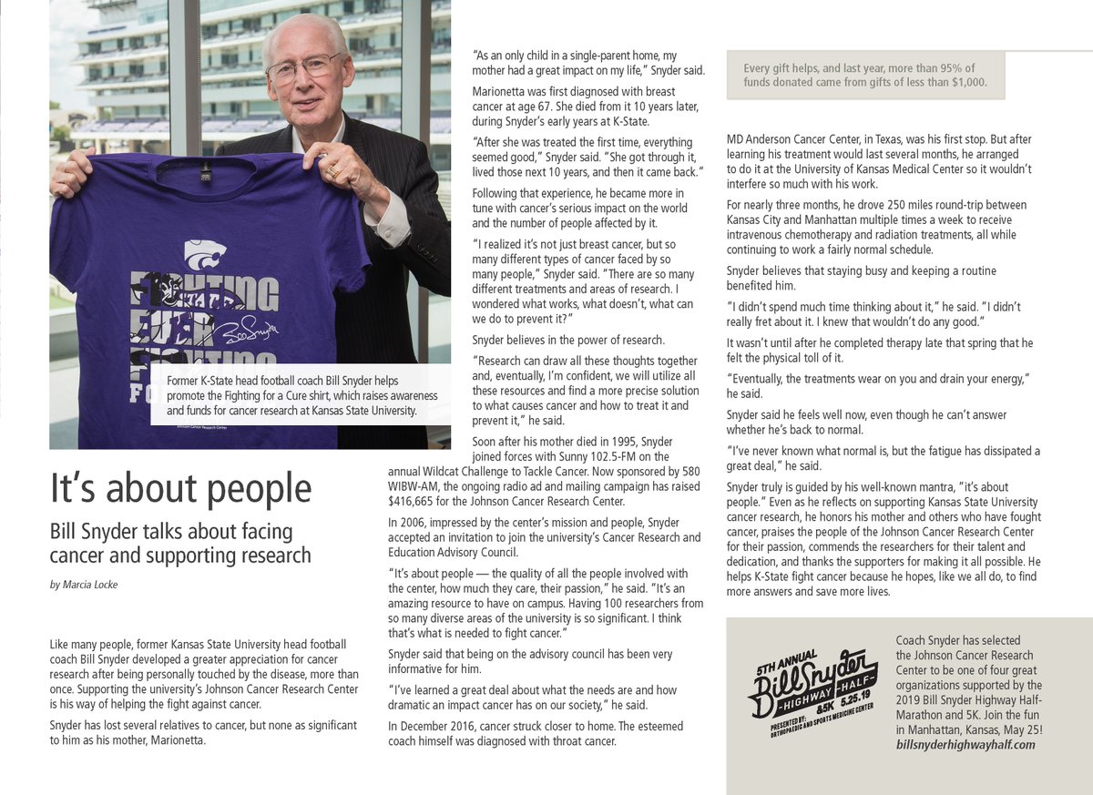 "It's about people." Legendary college football coach Bill Snyder talks about facing cancer and supporting research. Read this &amp; other <a href="/KState/">K-State</a> cancer research stories here: issuu.com/kstatecancerre…