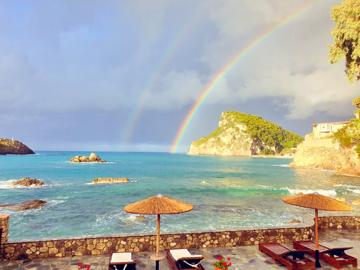 Double rainbow at #Paleokastritsa, #Corfu. Beautiful no matter the weather. <a href="/VisitCorfu/">Visit Corfu</a> <a href="/VisitGreecegr/">Visit Greece</a>
