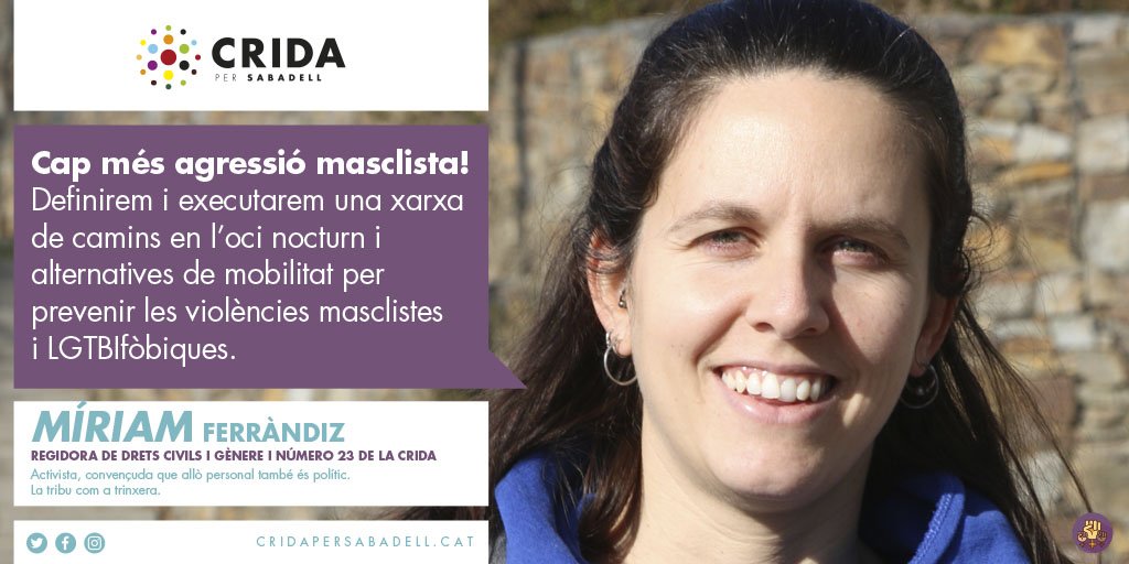 👤 DONEM LA CARA!

La número 23 de la nostra llista és la <a href="/miriamferrandiz/">Míriam Ferràndiz</a>. Ha estat regidoria de Drets Civils i Gènere durant els darrers quatre anys i prové de l'activisme al moviment feminista.

#TeiximSabadell